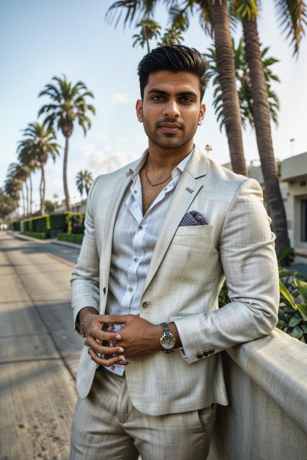 sharp and trendy man in Los Angeles wearing a summer dress/linen suit, palm trees in the background