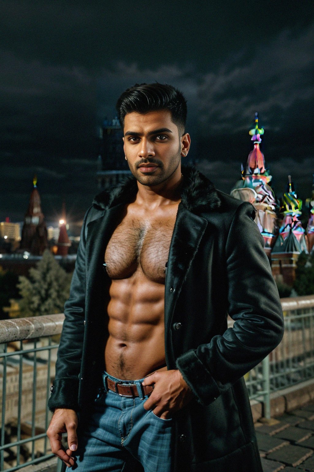sharp and trendy man in Moscow wearing a faux fur coat, Kremlin in the background