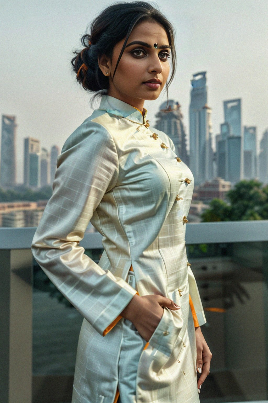 stylish and chic  woman in Shanghai wearing a traditional qipao/mandarin-collar suit, modern skyline in the background