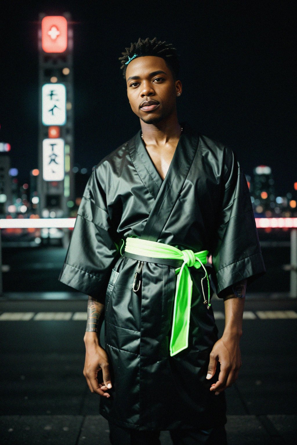 sharp and trendy man in Tokyo wearing a modern take on a traditional kimono, neon lights of the city in the background