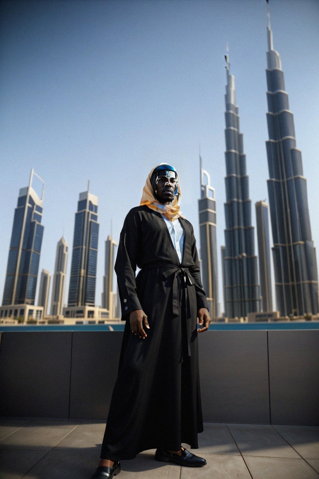 sharp and trendy man in Dubai wearing a modern, chic abaya/thobe, skyscrapers of Dubai in the background