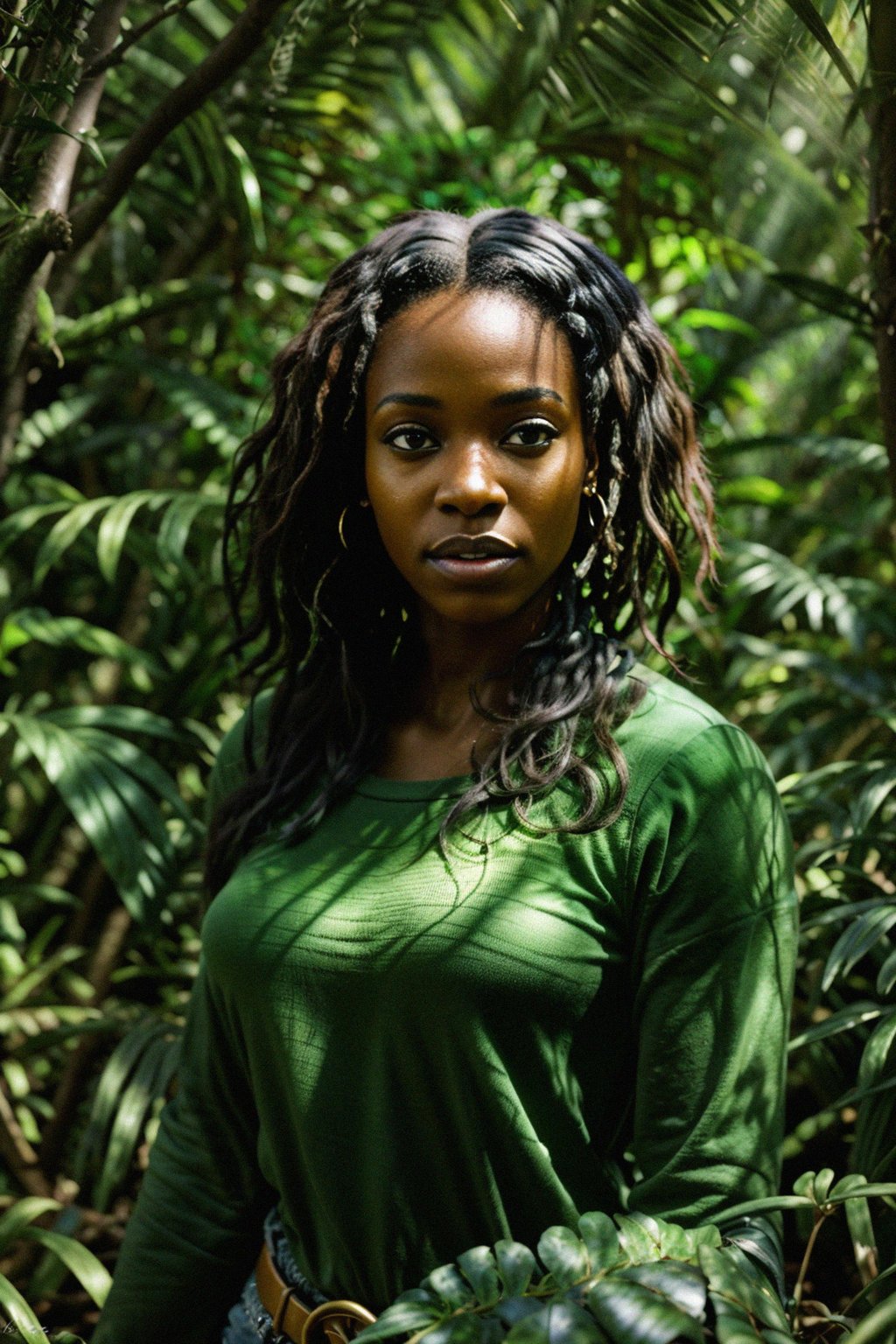 woman exploring a dense jungle, with sunlight filtering through the canopy and creating a mystical ambiance