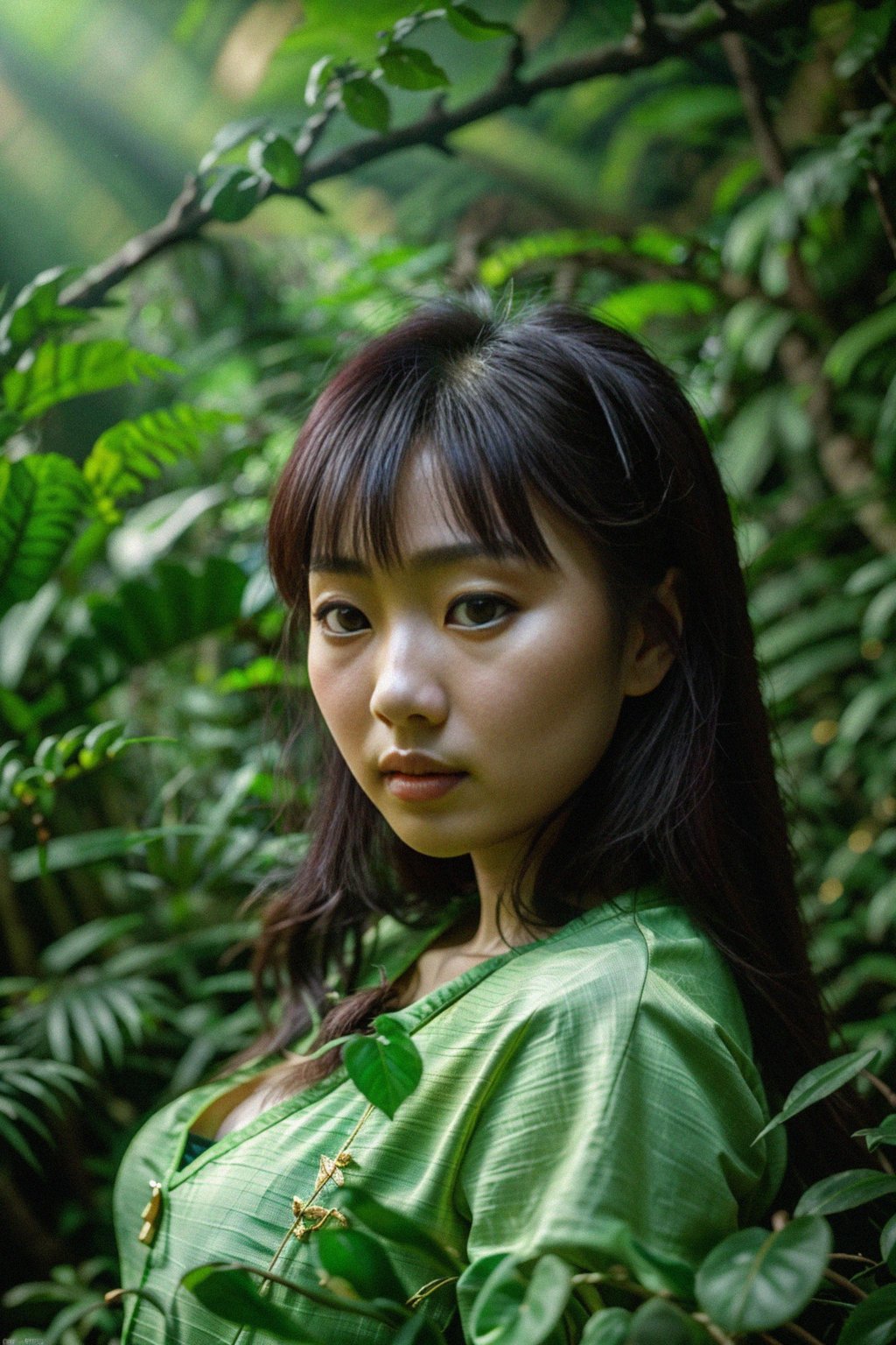 woman exploring a dense jungle, with sunlight filtering through the canopy and creating a mystical ambiance