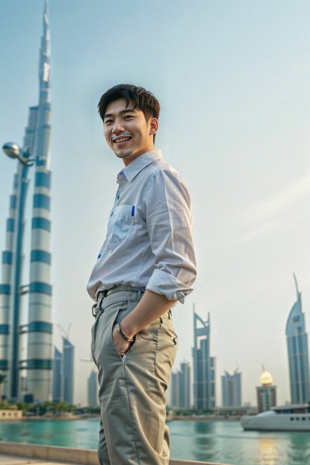 smiling man in Dubai with skyline in background