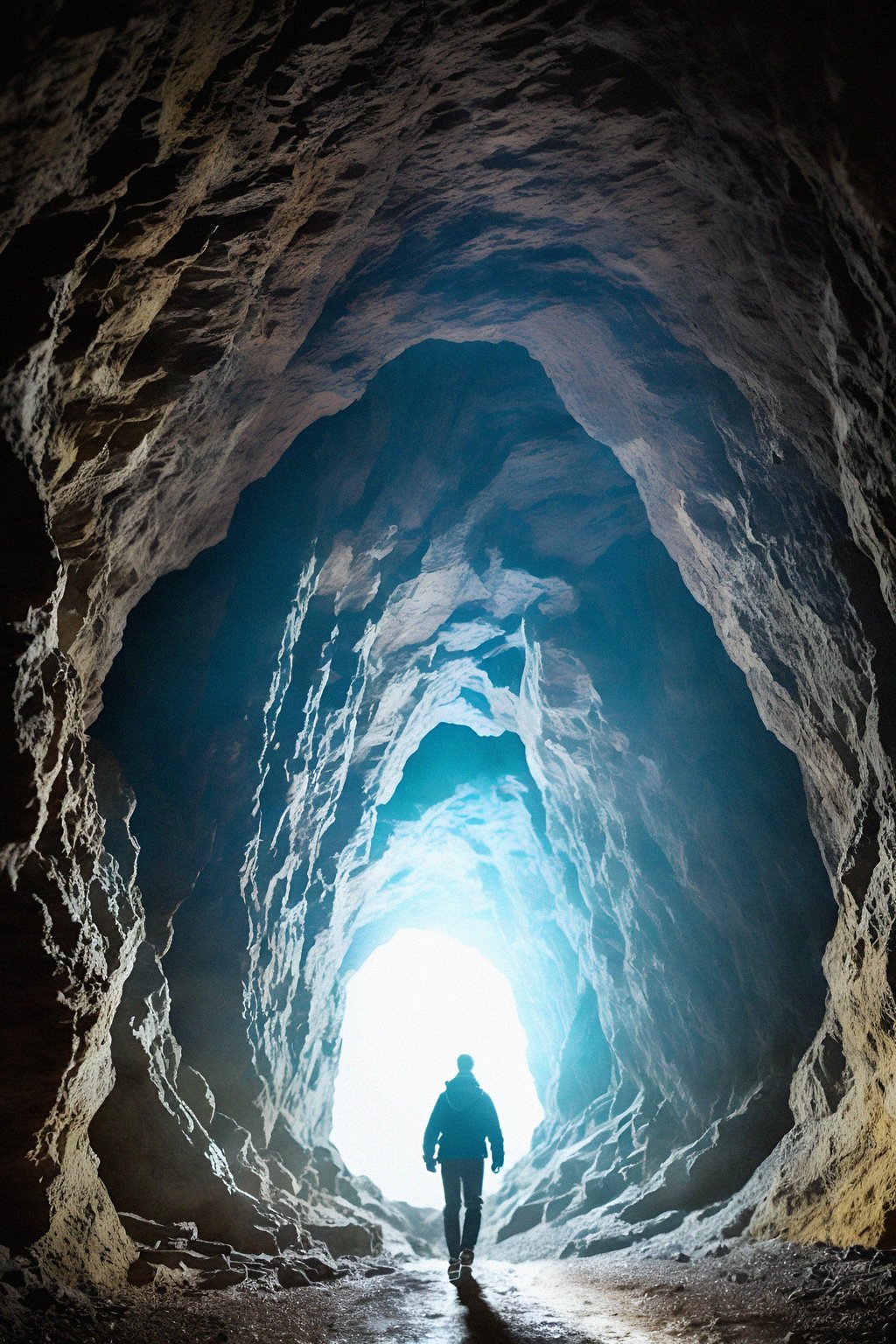 man as individual hiking through an impressive cave system
