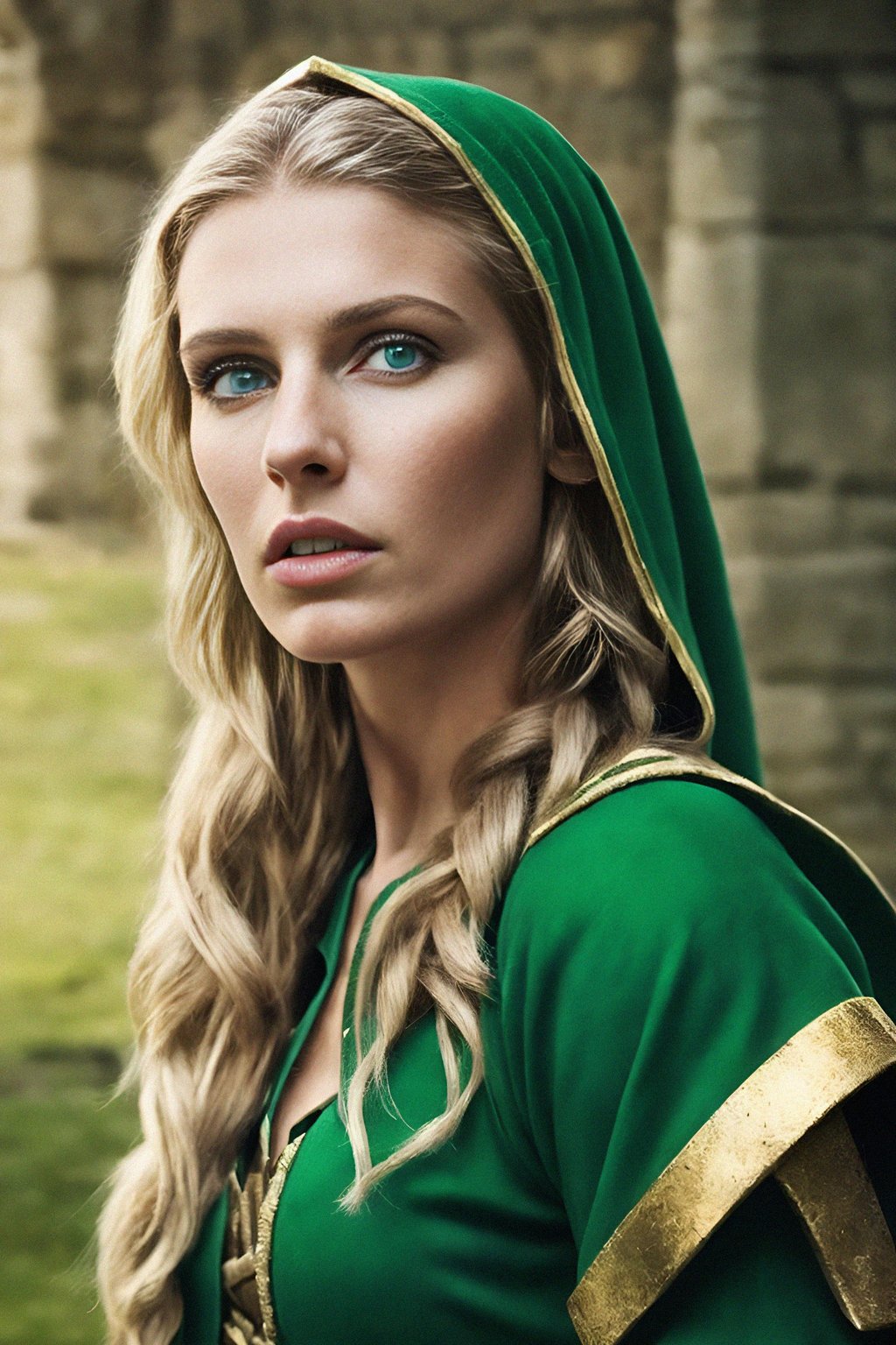 woman as a Medieval Elf Archer Warrior in Green Robe