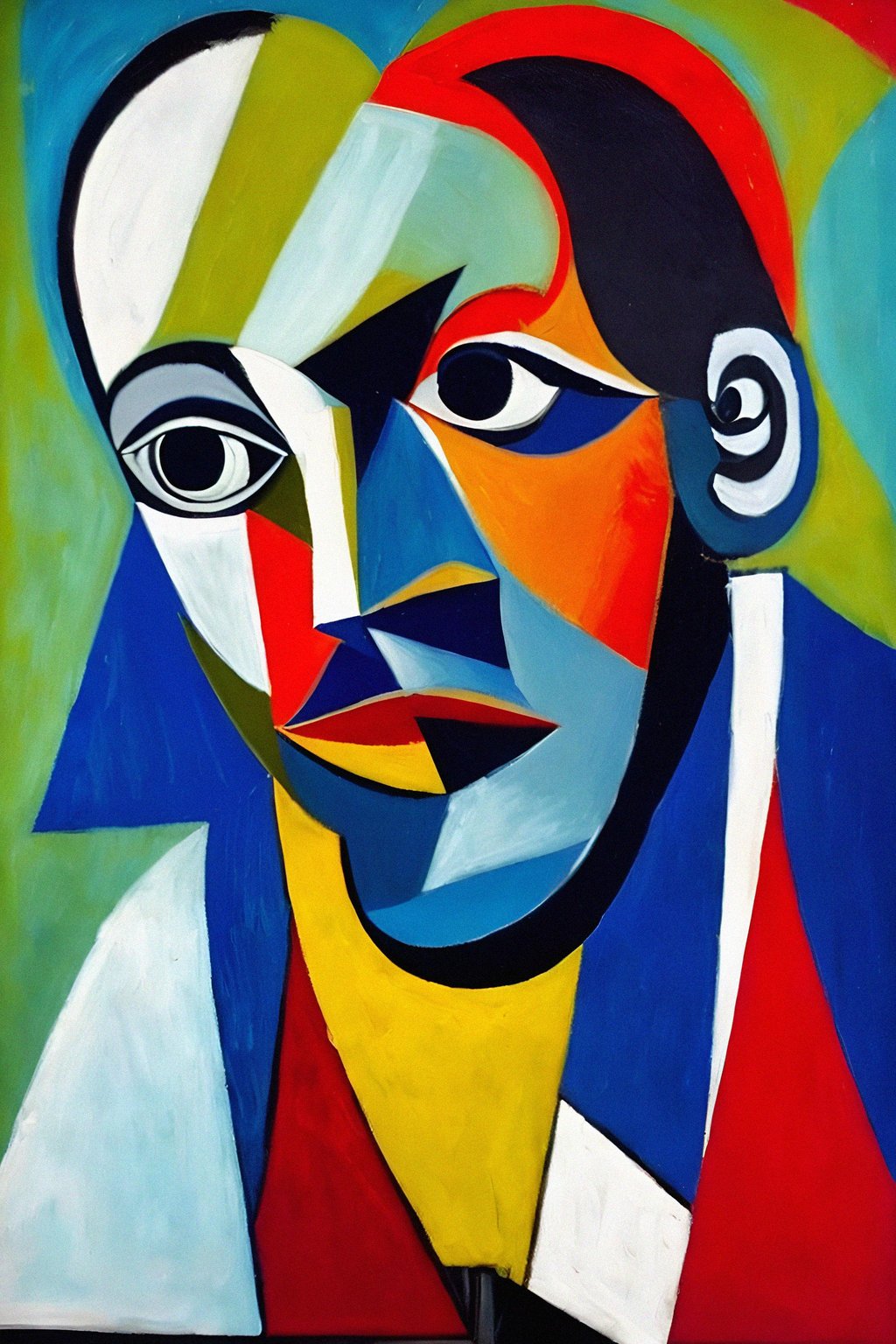 man in style of Picasso, oil on canvas. Cubism style painting. art by Pablo Picasso
