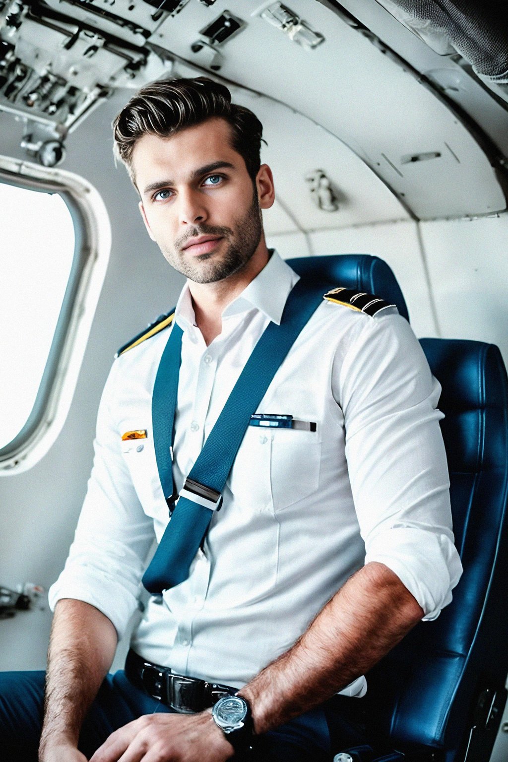 man as a Airline Pilot inside the Cockpit with white shirt Pilot Uniform