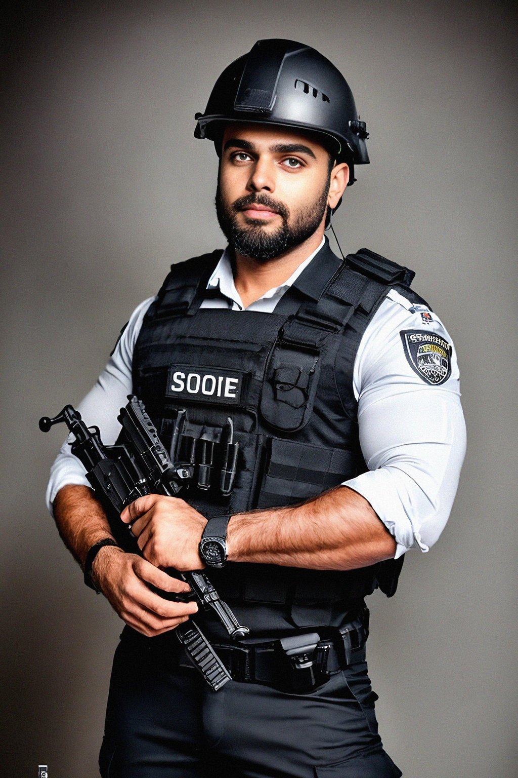 man as a SWAT Officer. wearing black swat vest, swat helmet, holding pdw