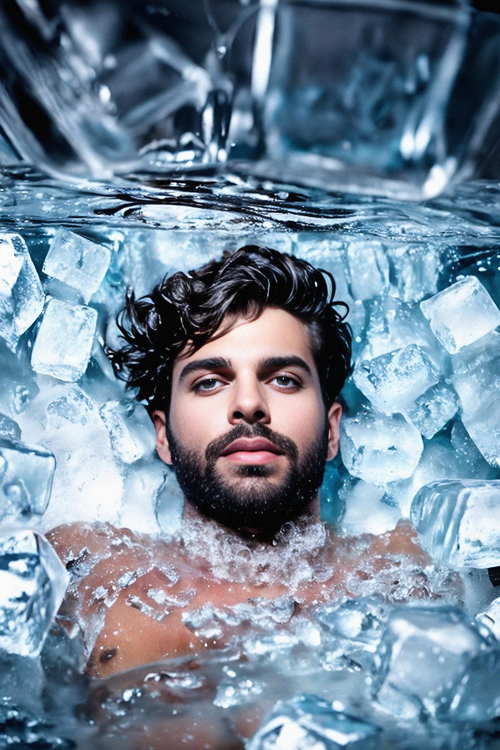 man lying in a bath of ice cubes