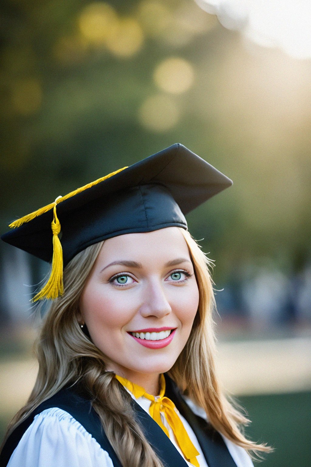 happy  woman in Graduation Ceremony wearing a square black Graduation Cap with yellow tassel at college