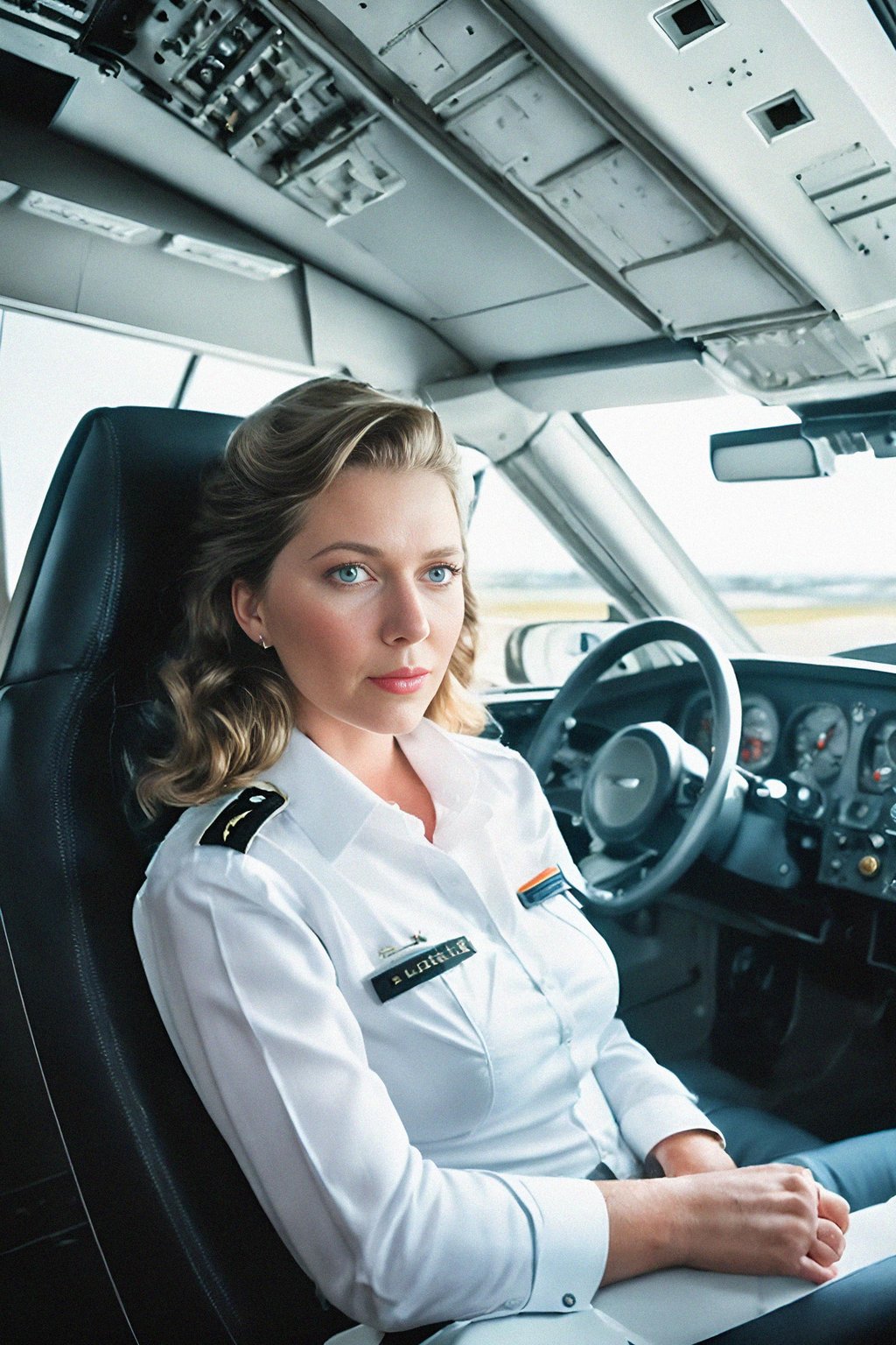 woman as a Airline Pilot inside the Cockpit with white shirt Pilot Uniform