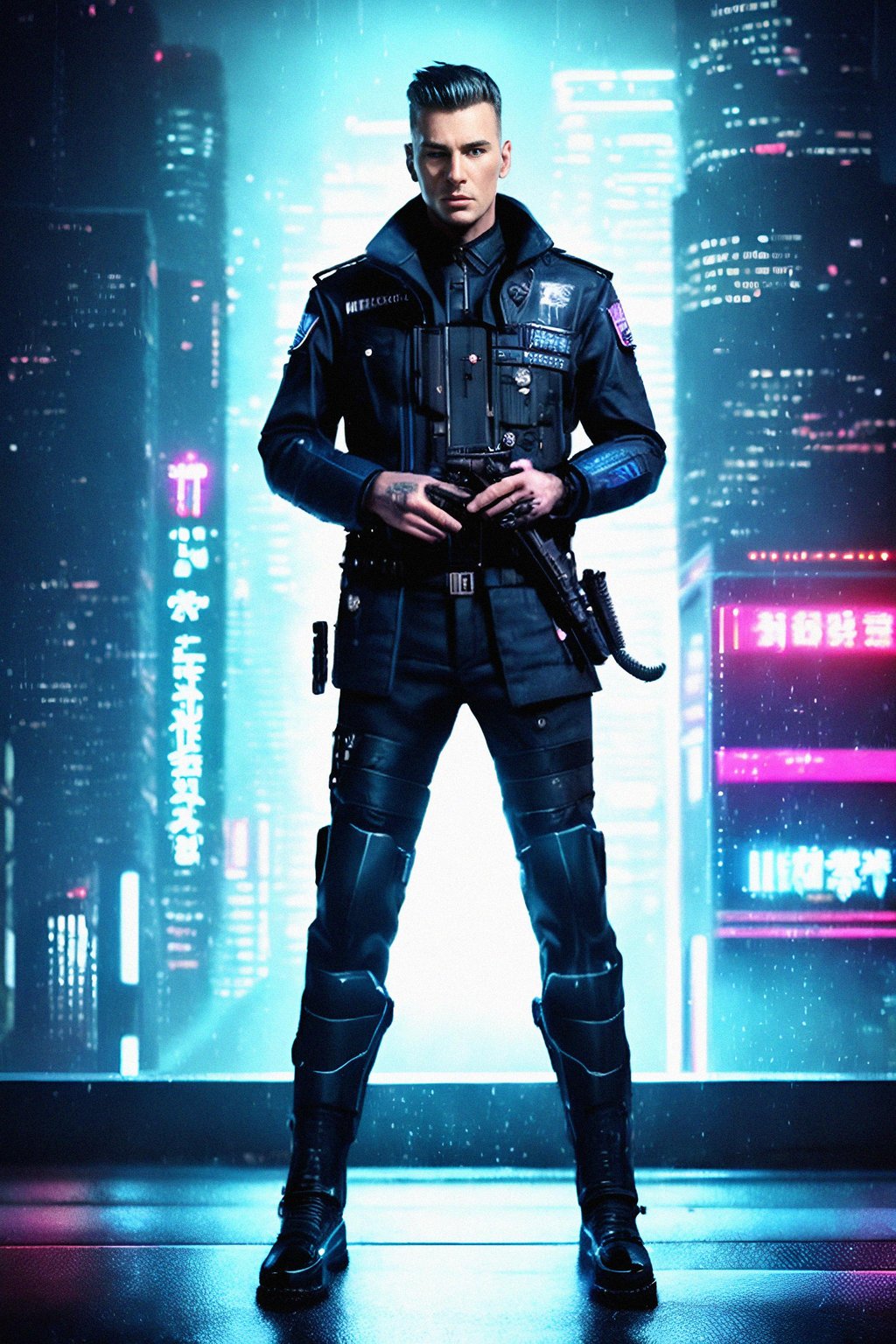 man as futuristic beautiful cyberpunk police officer, in heavy rainning futuristic tokyo rooftop cyberpunk night, ssci-fi, fantasy, intricate, very very beautiful, elegant, neon light, highly detailed, digital painting, artstation, concept art, soft light, hdri, smooth, sharp focus, illustration, art by tian zi and craig mullins and wlop and alphonse mucha