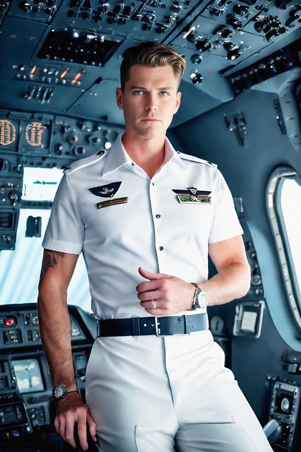 man as a Airline Pilot inside the Cockpit with white shirt Pilot Uniform