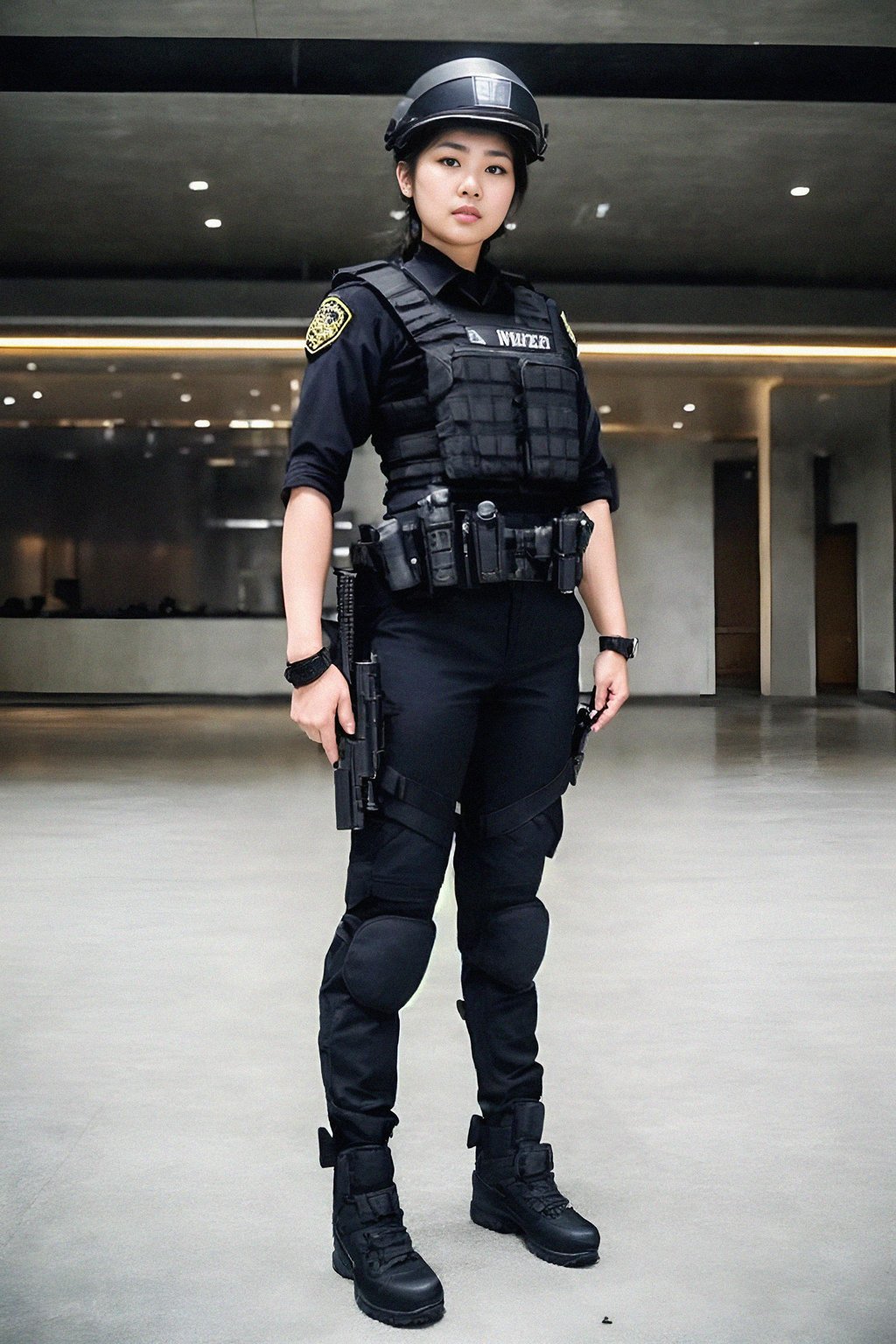 woman as a SWAT Officer. wearing black swat vest, swat helmet, holding pdw