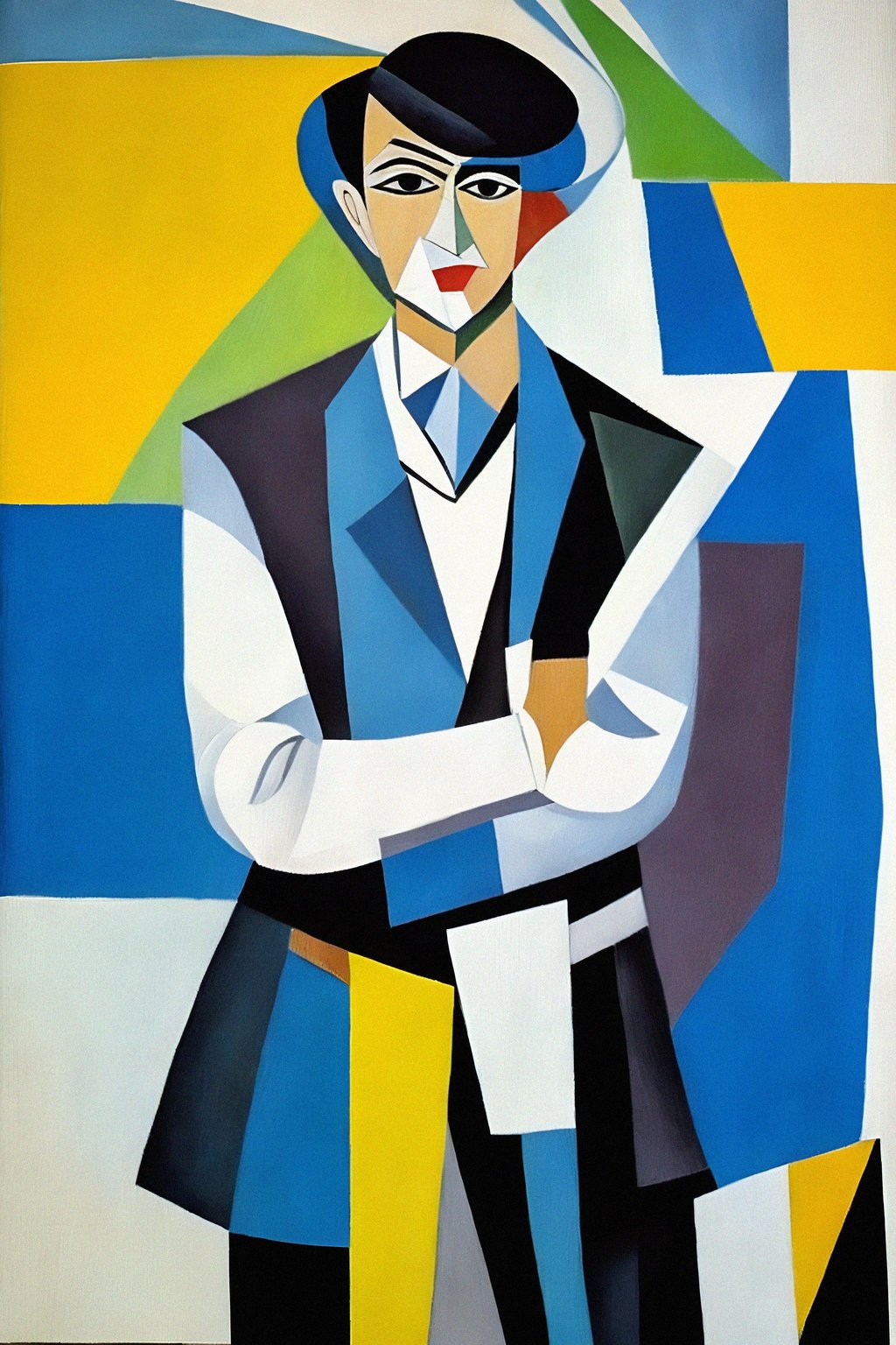 man in style of Picasso, oil on canvas. Cubism style painting. art by Pablo Picasso
