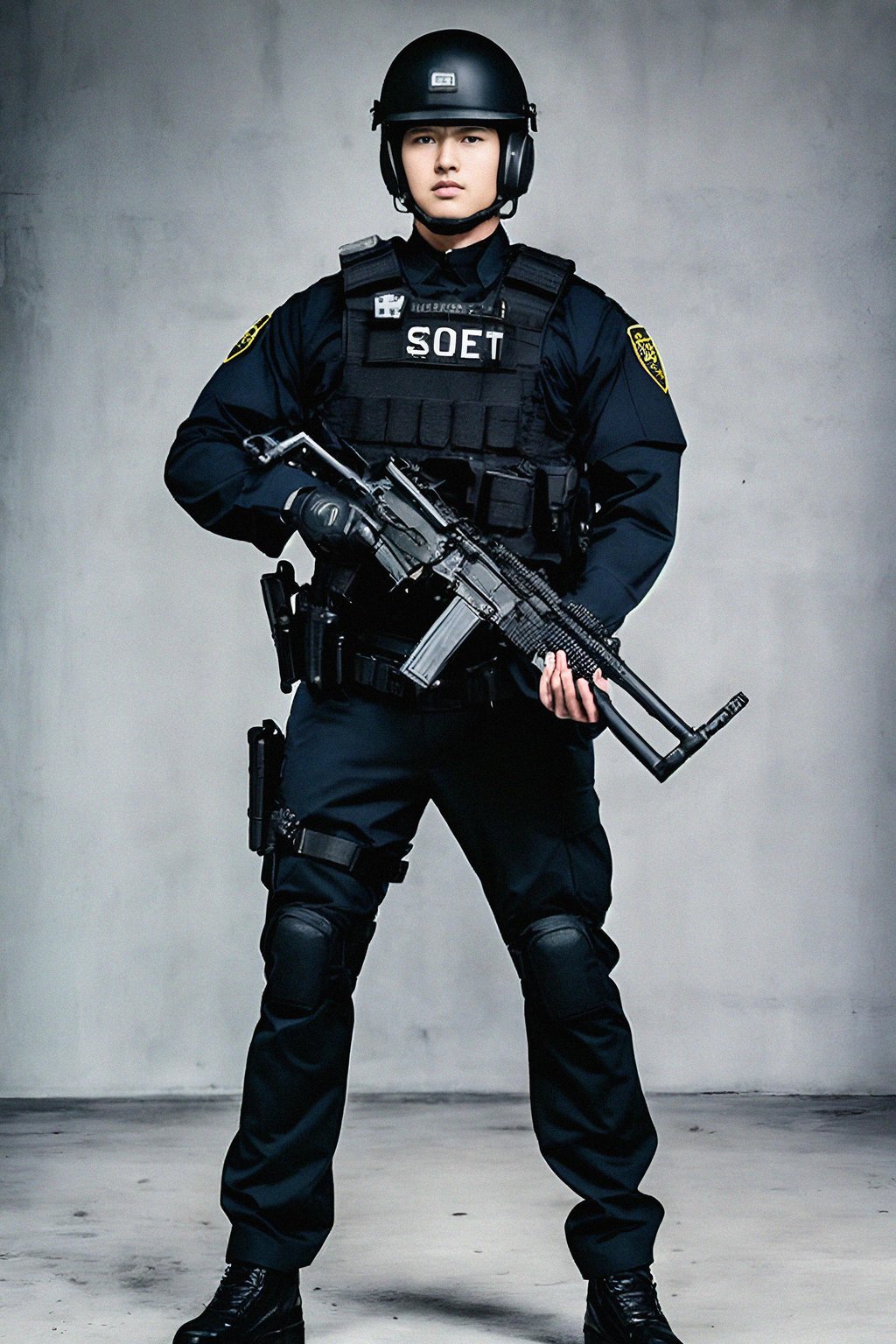 man as a SWAT Officer. wearing black swat vest, swat helmet, holding pdw