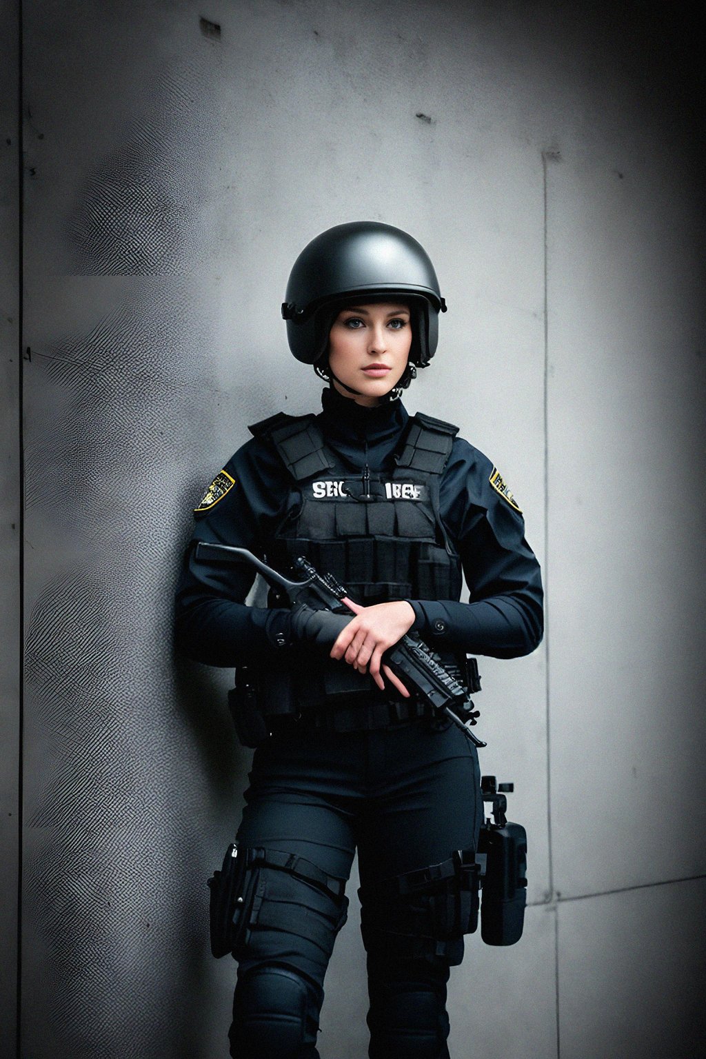 woman as a SWAT Officer. wearing black swat vest, swat helmet, holding pdw