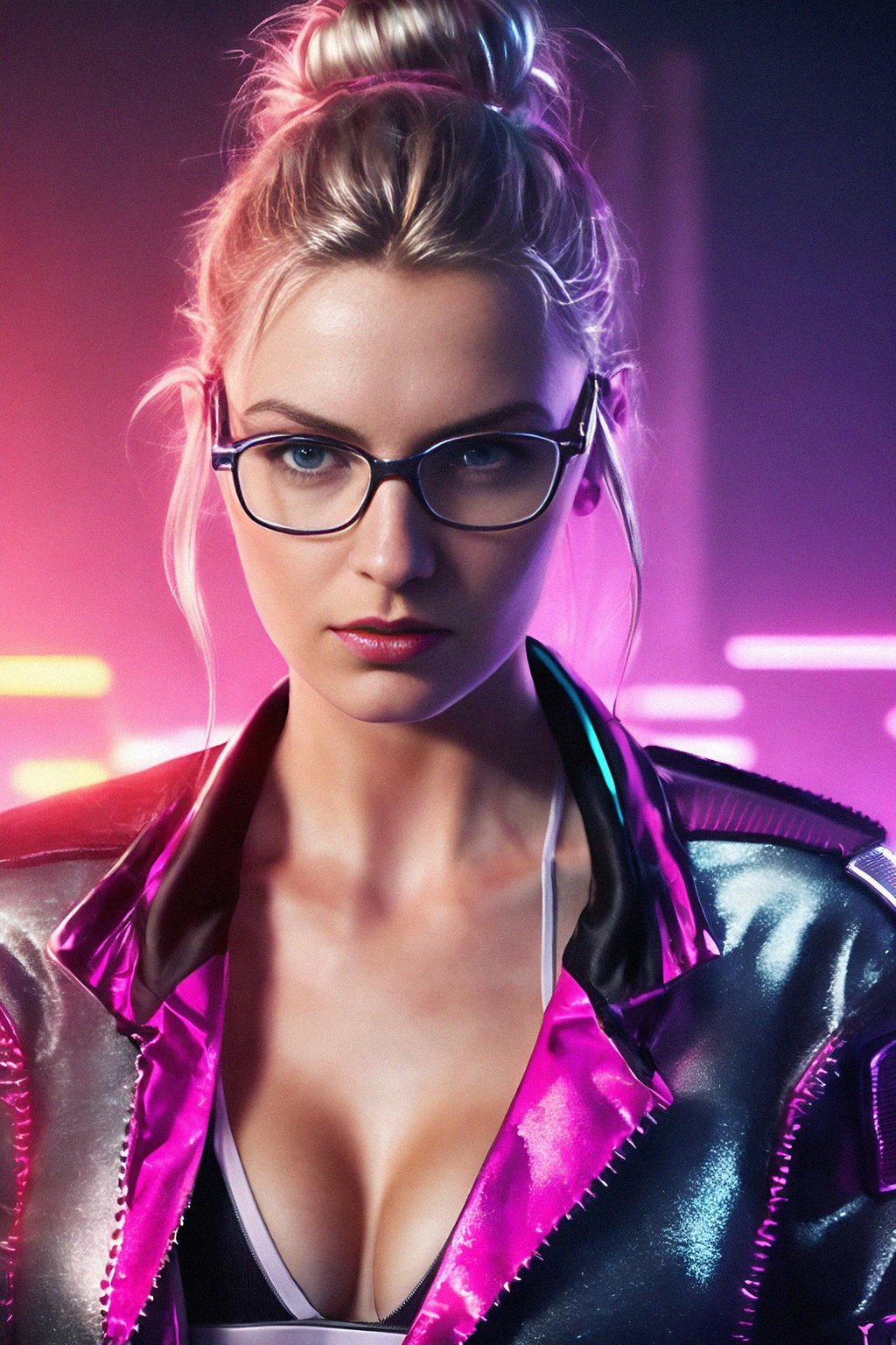 a detailed portrait of intelligent woman actress with thin frame hipster glasses wearing silver bikini and jacket, in a cyberpunk bladerunner vaporwave city, (cyberpunk), city from year 2300, red lights neon, 90s hair bun style,