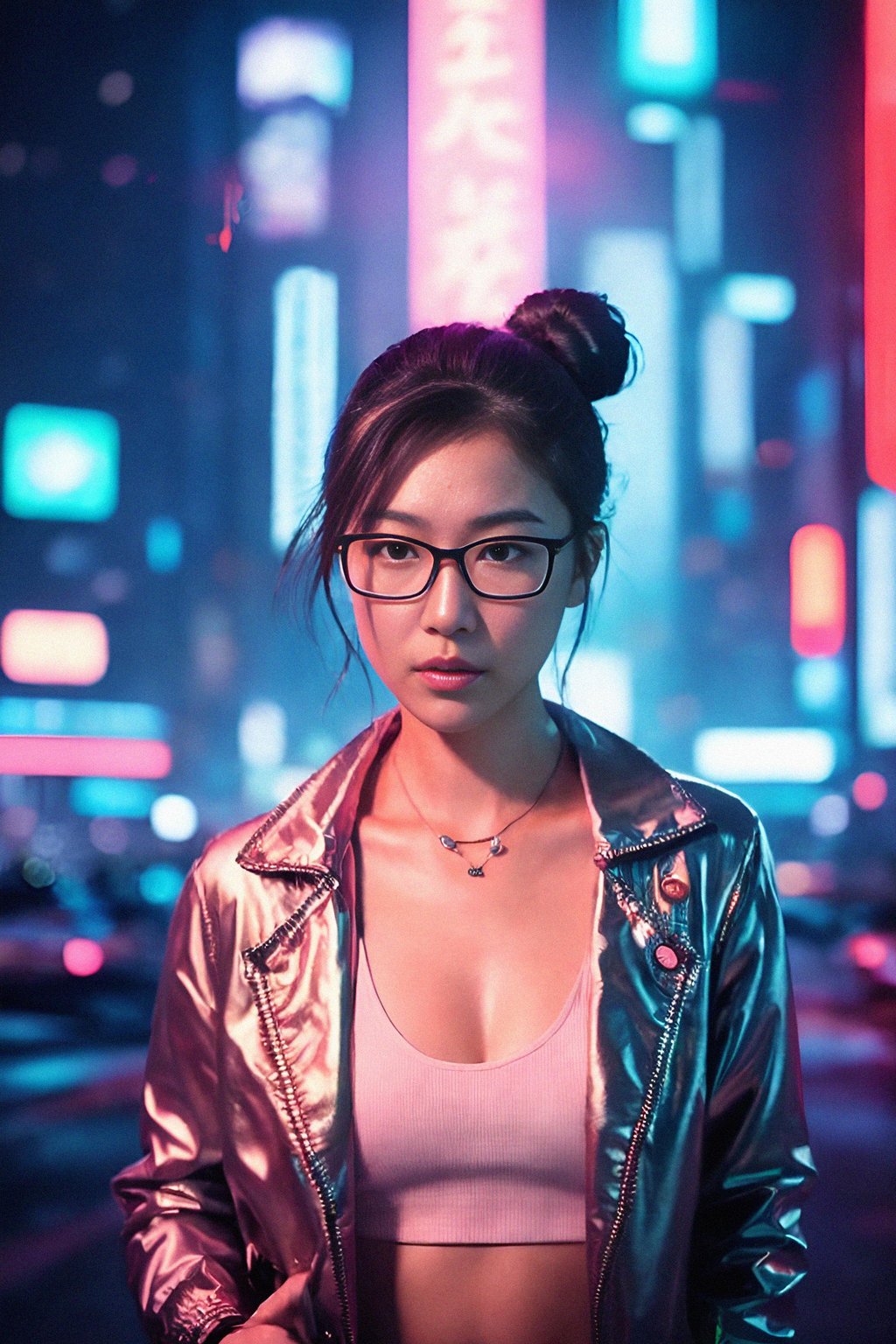 a detailed portrait of intelligent woman actress with thin frame hipster glasses wearing silver bikini and jacket, in a cyberpunk bladerunner vaporwave city, (cyberpunk), city from year 2300, red lights neon, 90s hair bun style,