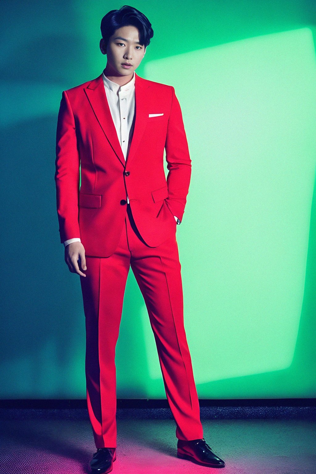 man wearing  (red suit) in night club neon lights