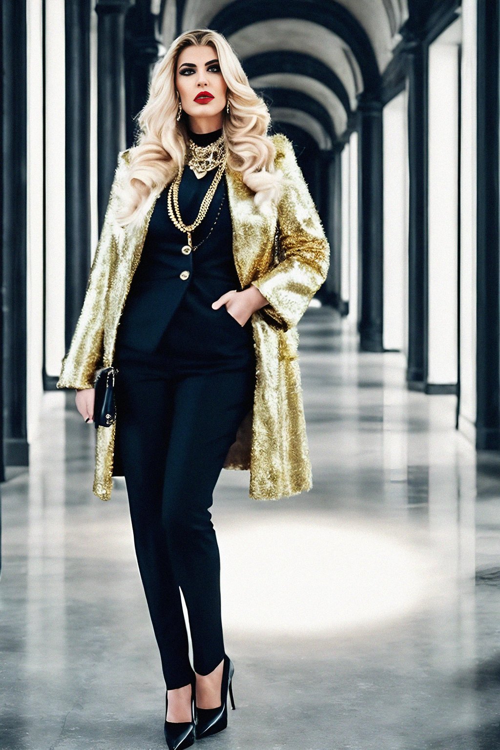 beautiful woman as a mobster, mafia, mafia outfit, faux fur coats, chunky gold jewelry, mafia aesthetic, flashy, glamorous, luxury, loud, Goodfellas, The Sopranos, Mob Wives, opulence, confidence