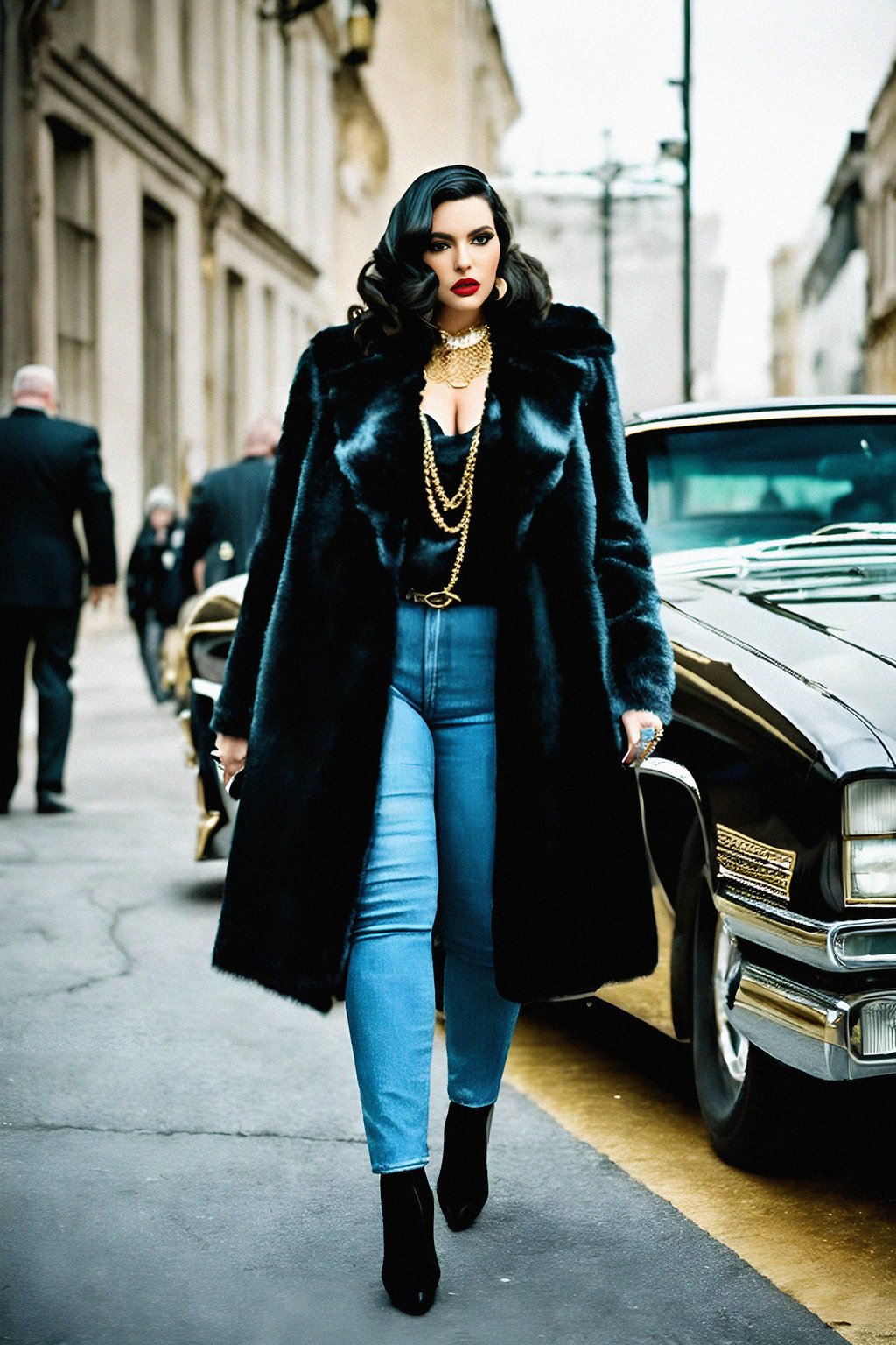 beautiful woman as a mobster, mafia, mafia outfit, faux fur coats, chunky gold jewelry, mafia aesthetic, flashy, glamorous, luxury, loud, Goodfellas, The Sopranos, Mob Wives, opulence, confidence