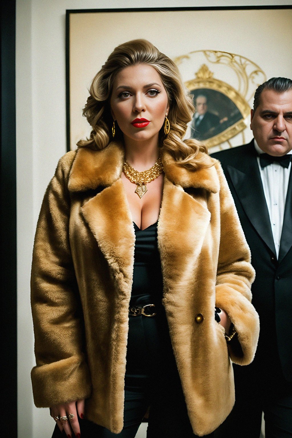 beautiful woman as a mobster, mafia, mafia outfit, faux fur coats, chunky gold jewelry, mafia aesthetic, flashy, glamorous, luxury, loud, Goodfellas, The Sopranos, Mob Wives, opulence, confidence