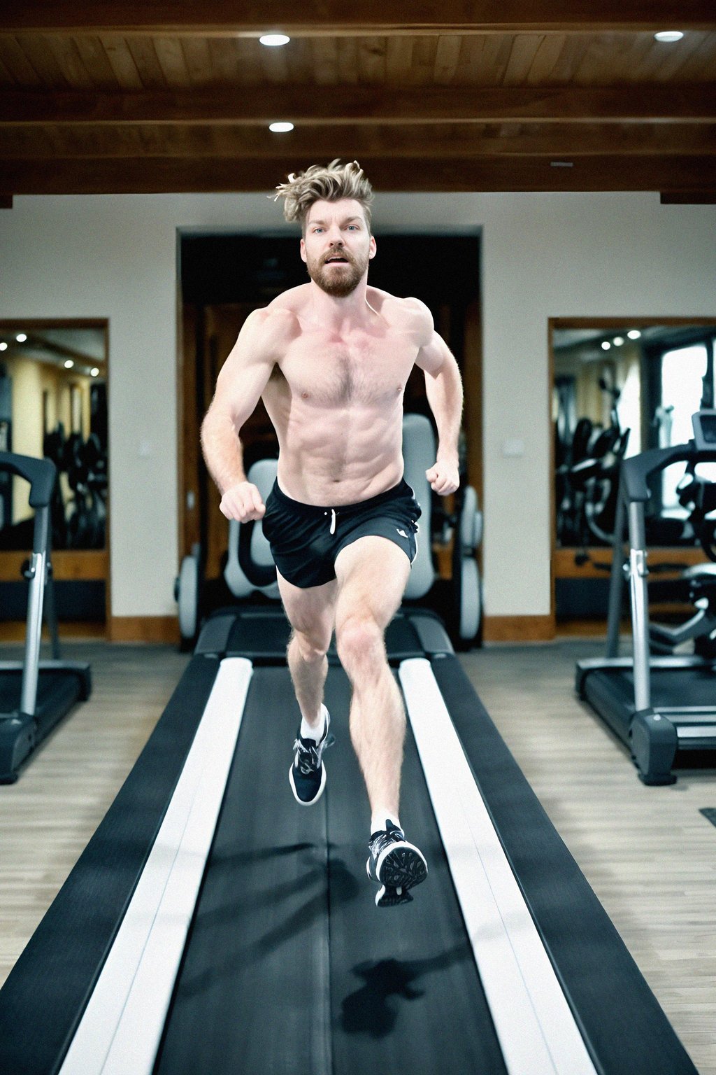 masculine  man sprinting on a treadmill in the gym, embodying speed and endurance