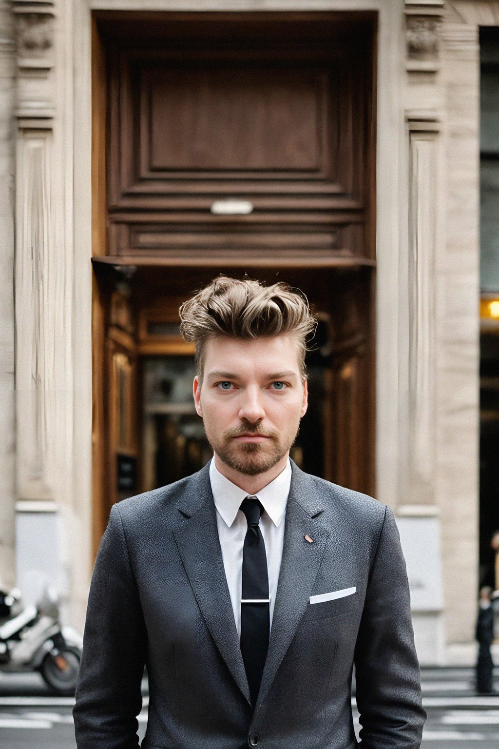 sharp and trendy man in Milan wearing high fashion attire in front of a classic Italian café