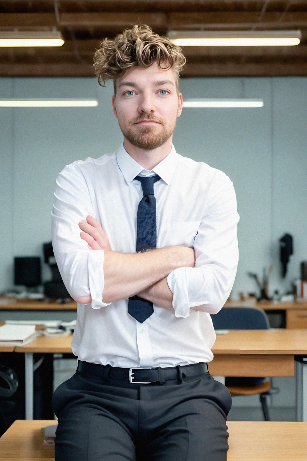headshot of man, sitting at a desk, at a (office),  shirt and tie and suit pants