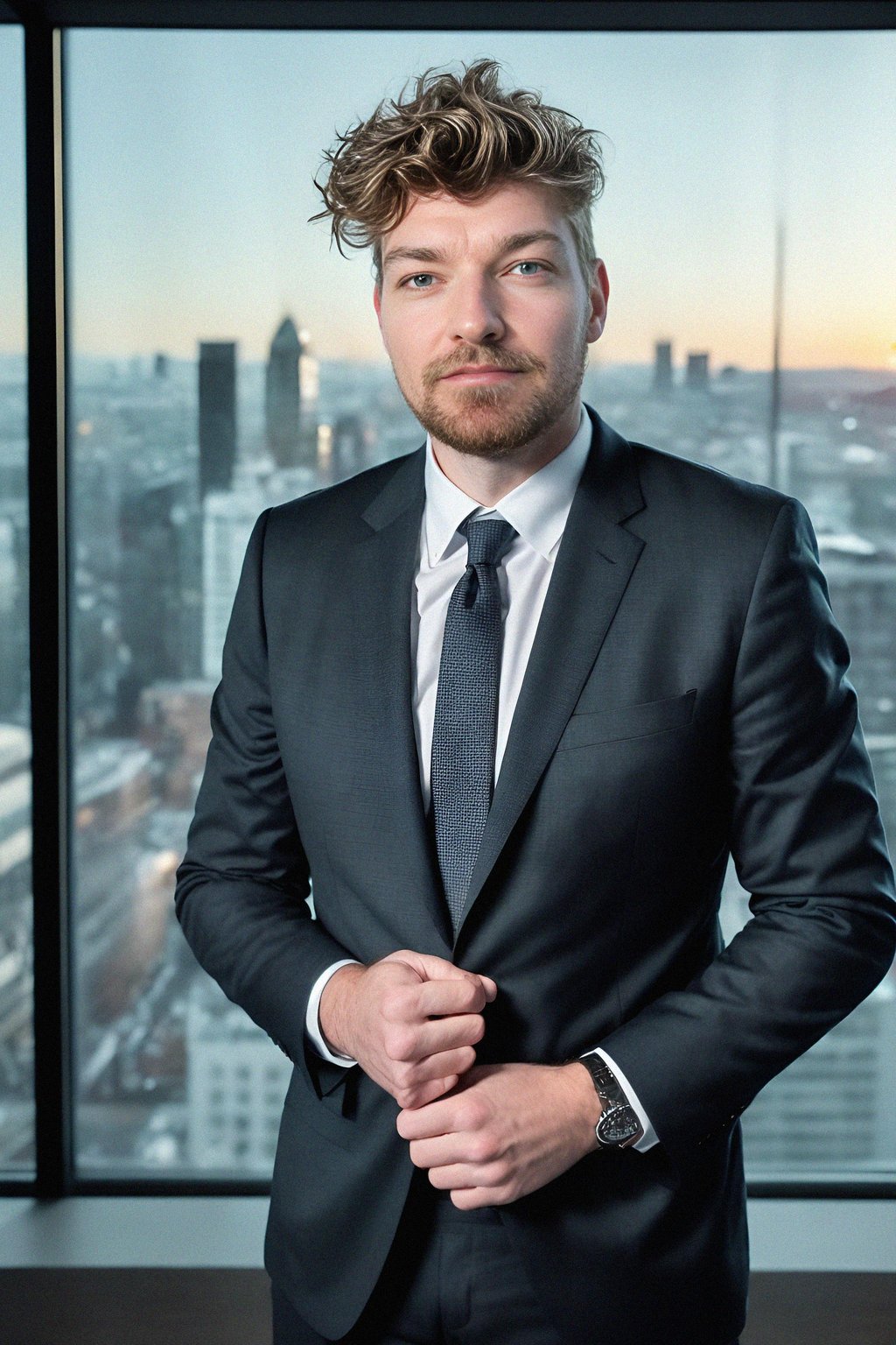 8k professional headshot of man, crisp details, studio backdrop, executive attire, confident posture, neutral expression, high-definition, corporate setting, sharp focus, ambient lighting, business professional, cityscape view