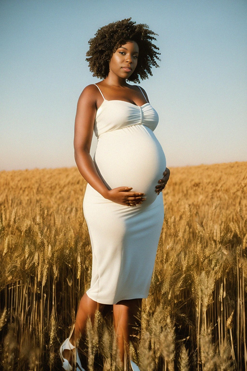 healthy pregnant woman in maternity photographs, beautiful pregnant woman, maternity photography in field of wheat. golden hour