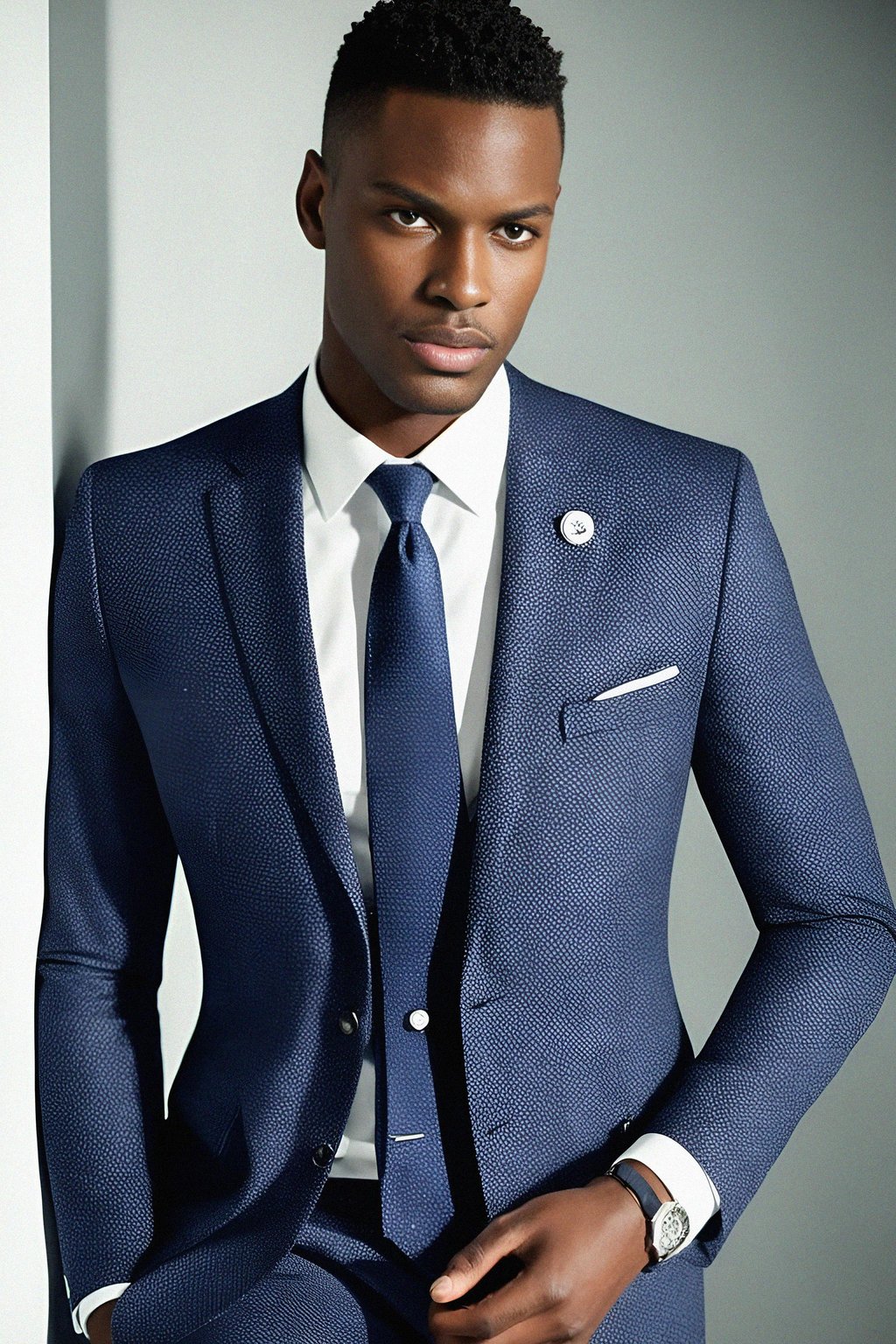 handsome and stylish man wearing a classic navy blue suit with a crisp white dress shirt and a patterned tie