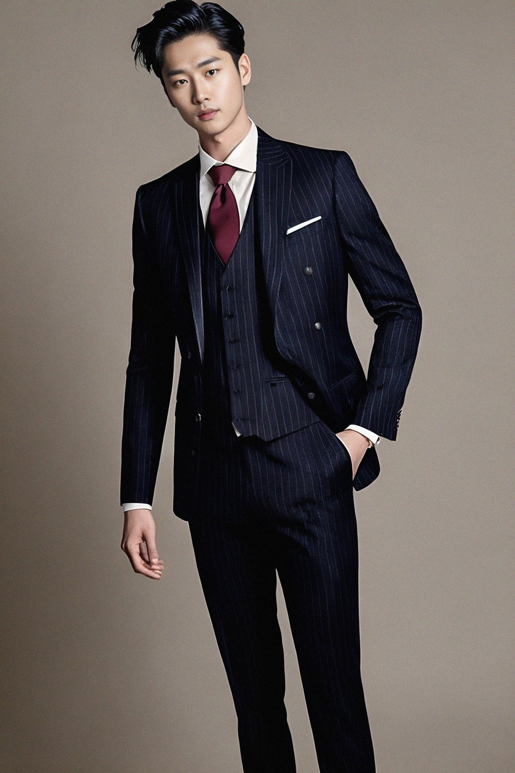 handsome and stylish man trying on a sophisticated pinstripe suit with a waistcoat and a burgundy tie