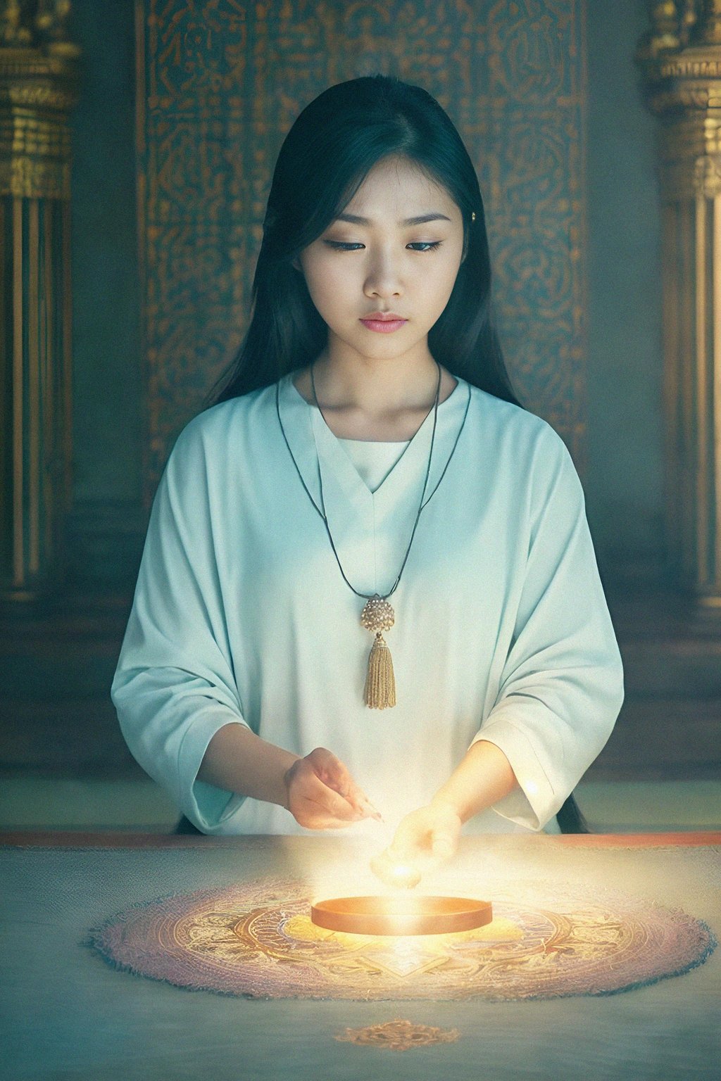 woman holding prayer beads or a sacred object, engrossed in a prayer or a meditative state, capturing the devotion and connection to higher realms