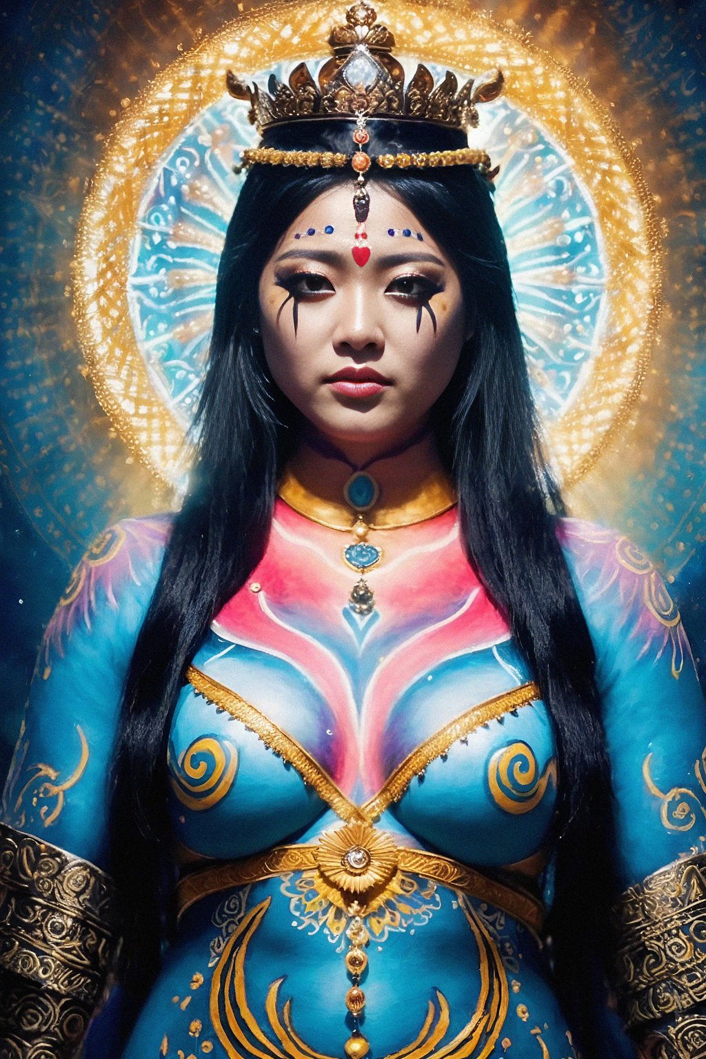 woman engaged in a sacred ritual or ceremony, adorned with symbolic attire or body paint, expressing the connection to ancient traditions and spirituality