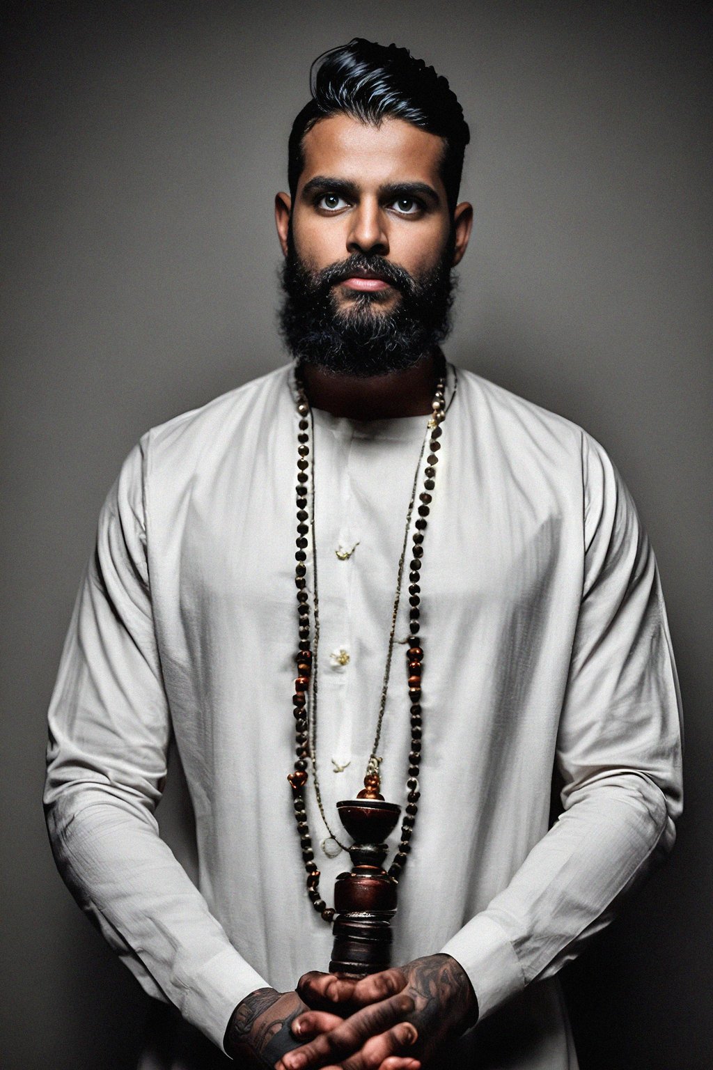 man holding prayer beads or a sacred object, engrossed in a prayer or a meditative state, capturing the devotion and connection to higher realms