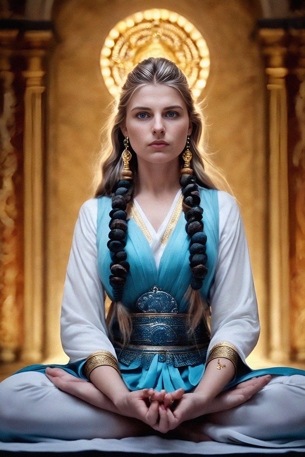 woman holding prayer beads or a sacred object, engrossed in a prayer or a meditative state, capturing the devotion and connection to higher realms