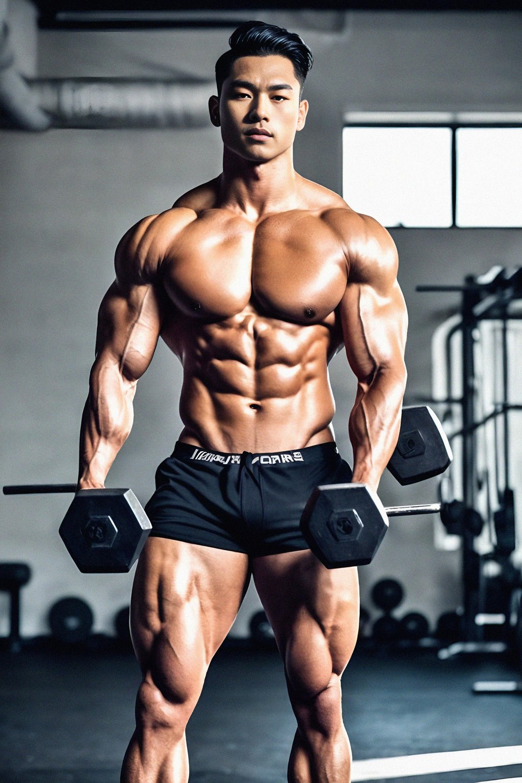 a fit male  man as fitness influencer flexing their muscles in the gym, capturing the sculpted physique and hard work