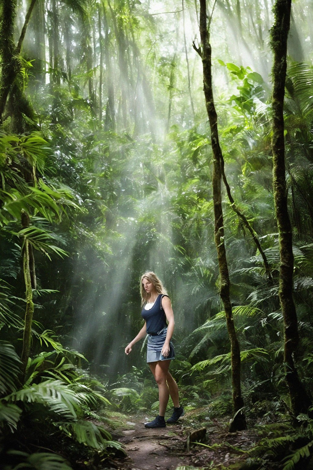 woman exploring a dense jungle, with sunlight filtering through the canopy and creating a mystical ambiance