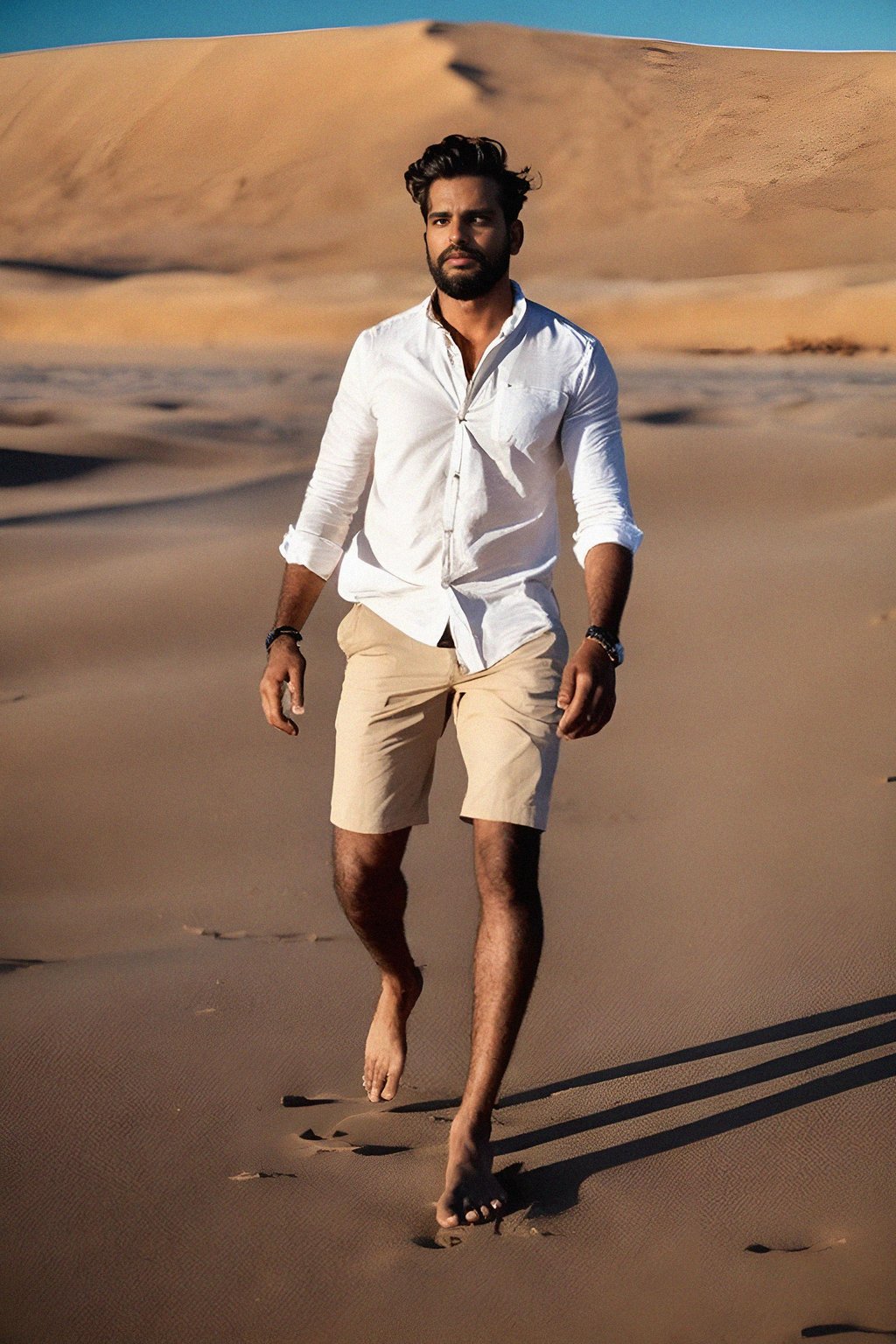 man walking barefoot along a sandy desert dune, connecting with the raw and vast expanse of nature