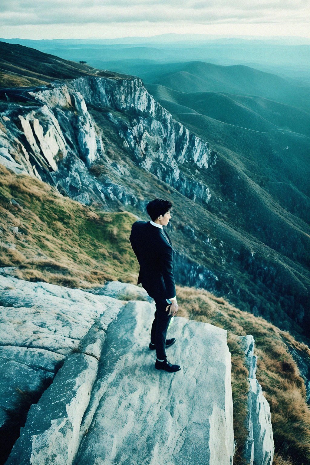 man standing on a cliff edge, with a vast and dramatic landscape stretching out before them, evoking a sense of freedom and exploration