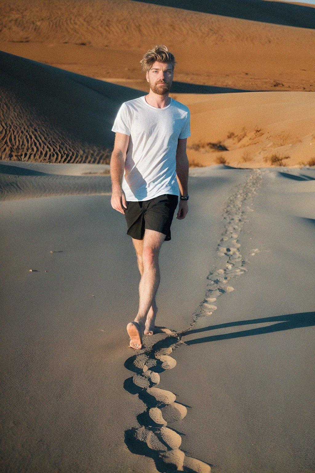 man walking barefoot along a sandy desert dune, connecting with the raw and vast expanse of nature