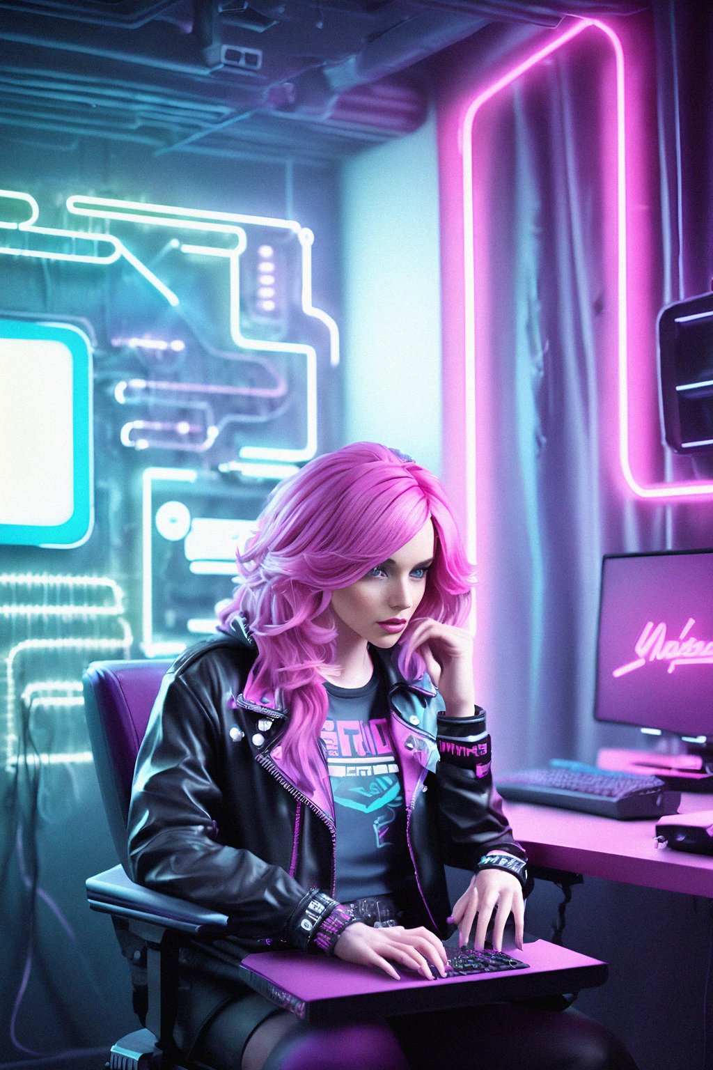 amazingly detailed man, masterpiece, ultra hd, full shot, dynamic angle, beautiful girl, computer gamer, gaming computer, gaming chair, playing cyberpunk 2077, neon bedroom, streamer setup, , cyberpunk theme, wild long hair, Wavy Cut with Curtain Bangs, bubblegum pink hair, high detail hair, smokey eye shadow, high detail skin, high detail eyes, seductive eyes, smokey makeup