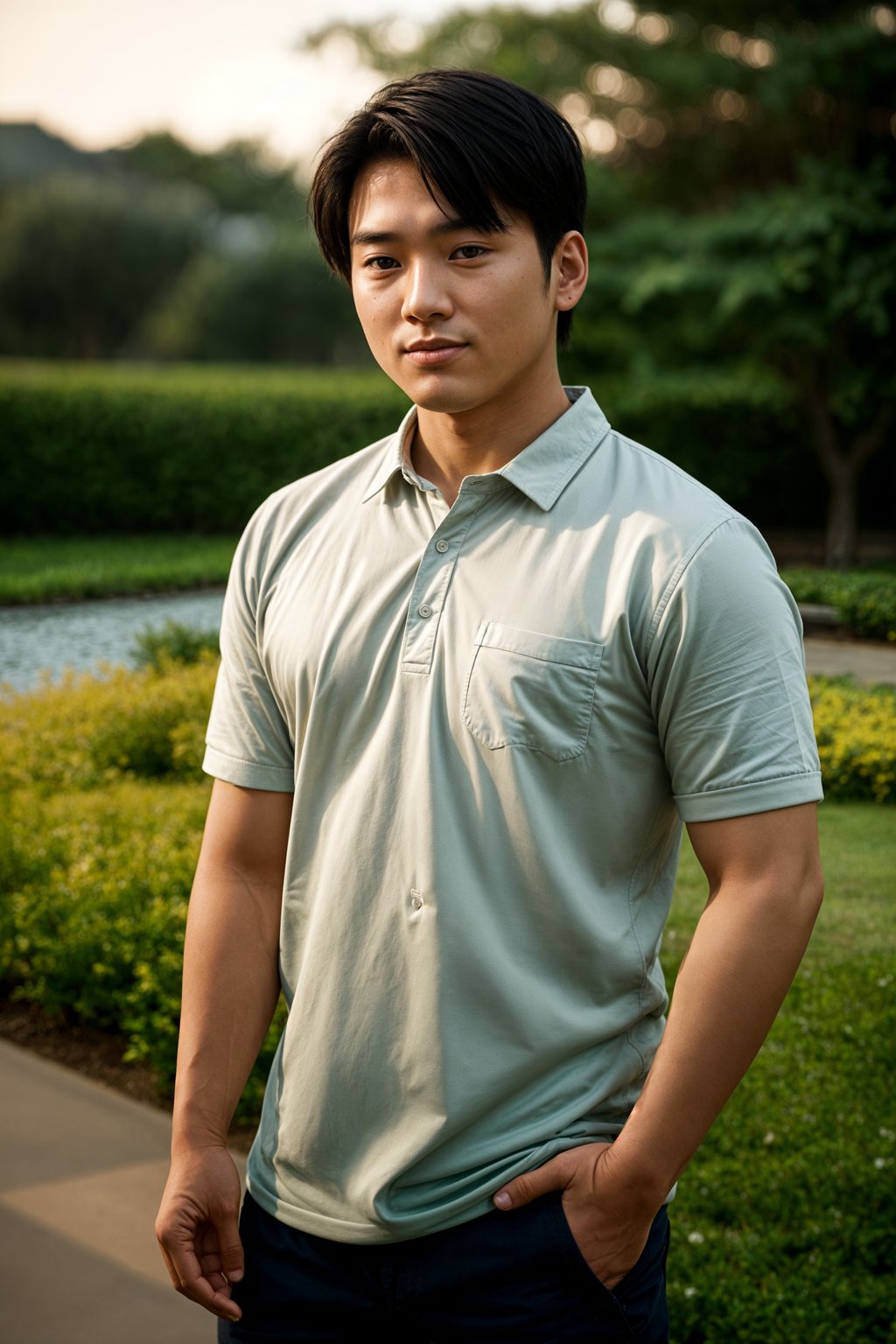 smiling man in engagement photoshoot. engagement style. wearing casual clothes.  golden hour