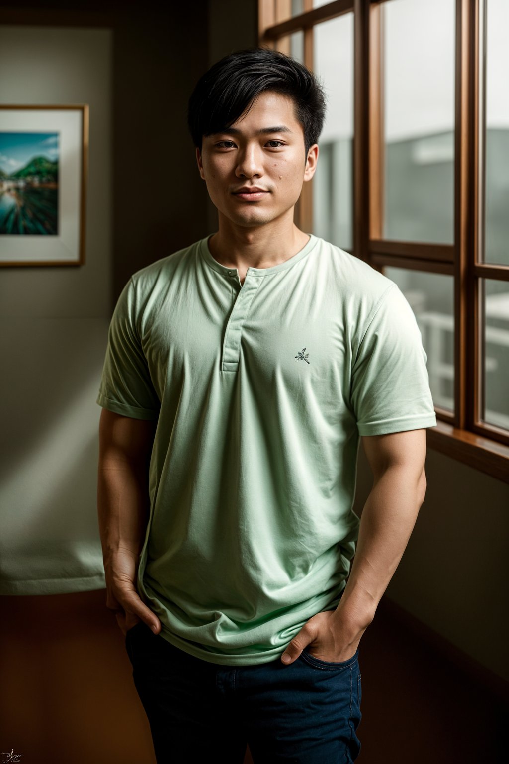 smiling man in engagement photoshoot. engagement style. wearing casual clothes.  golden hour