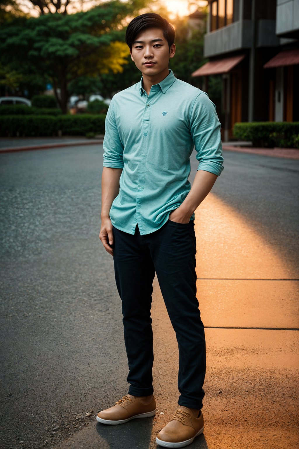 full body shot of smiling man in engagement photoshoot. engagement style. wearing casual clothes.  golden hour