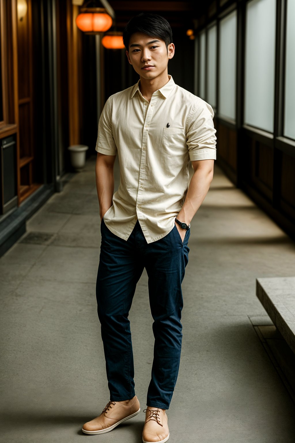 full body shot of smiling man in engagement photoshoot. engagement style. wearing casual clothes.  golden hour