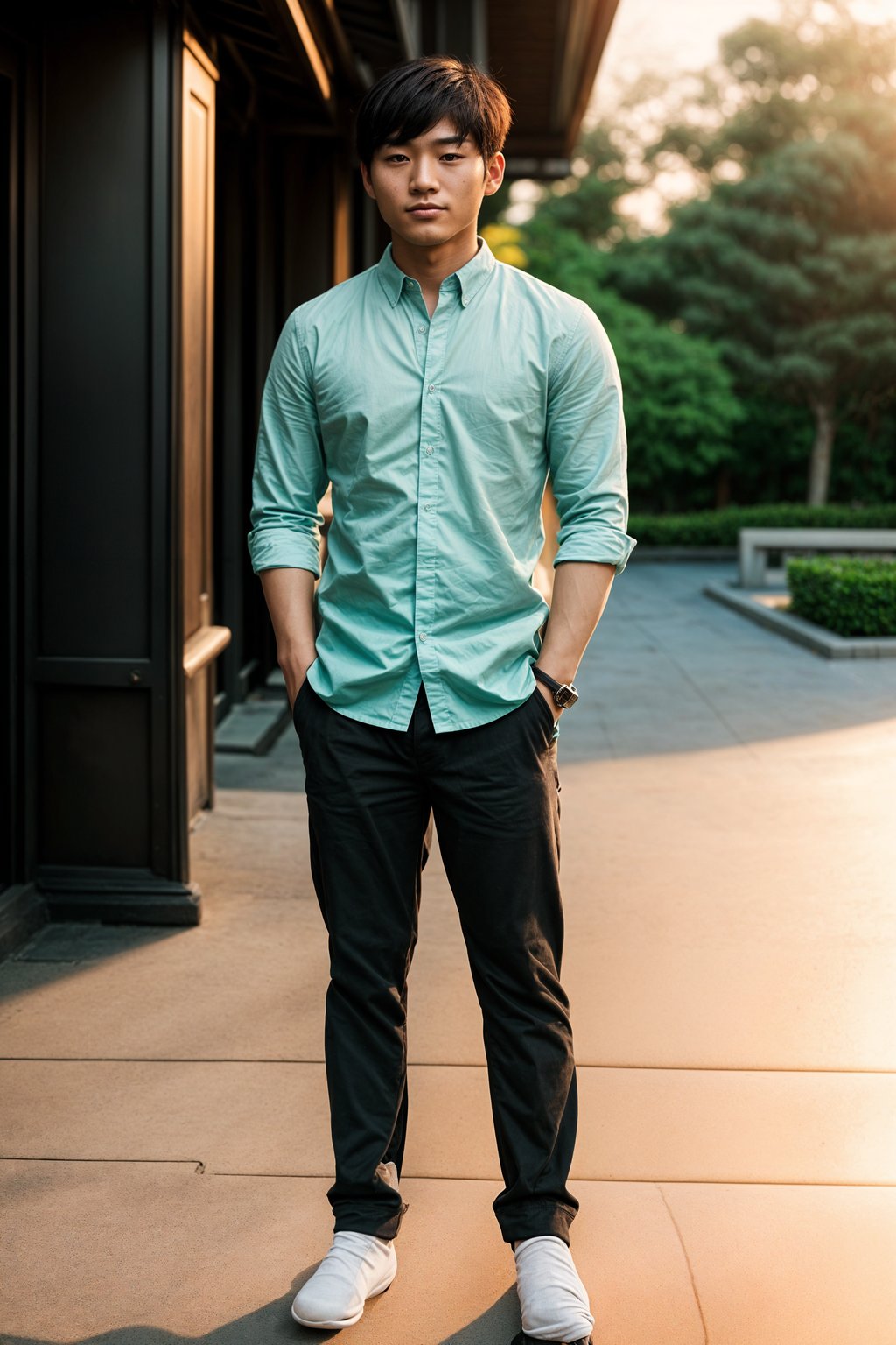 full body shot of smiling man in engagement photoshoot. engagement style. wearing casual clothes.  golden hour